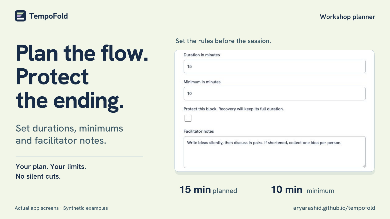 The actual editor shows duration, minimums, protection and facilitator notes.