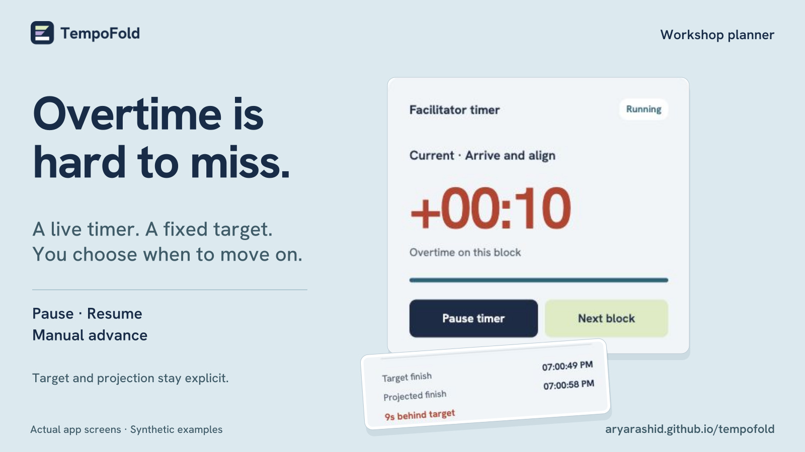A large overtime timer, with a detail from the same screen showing target and projected finish.