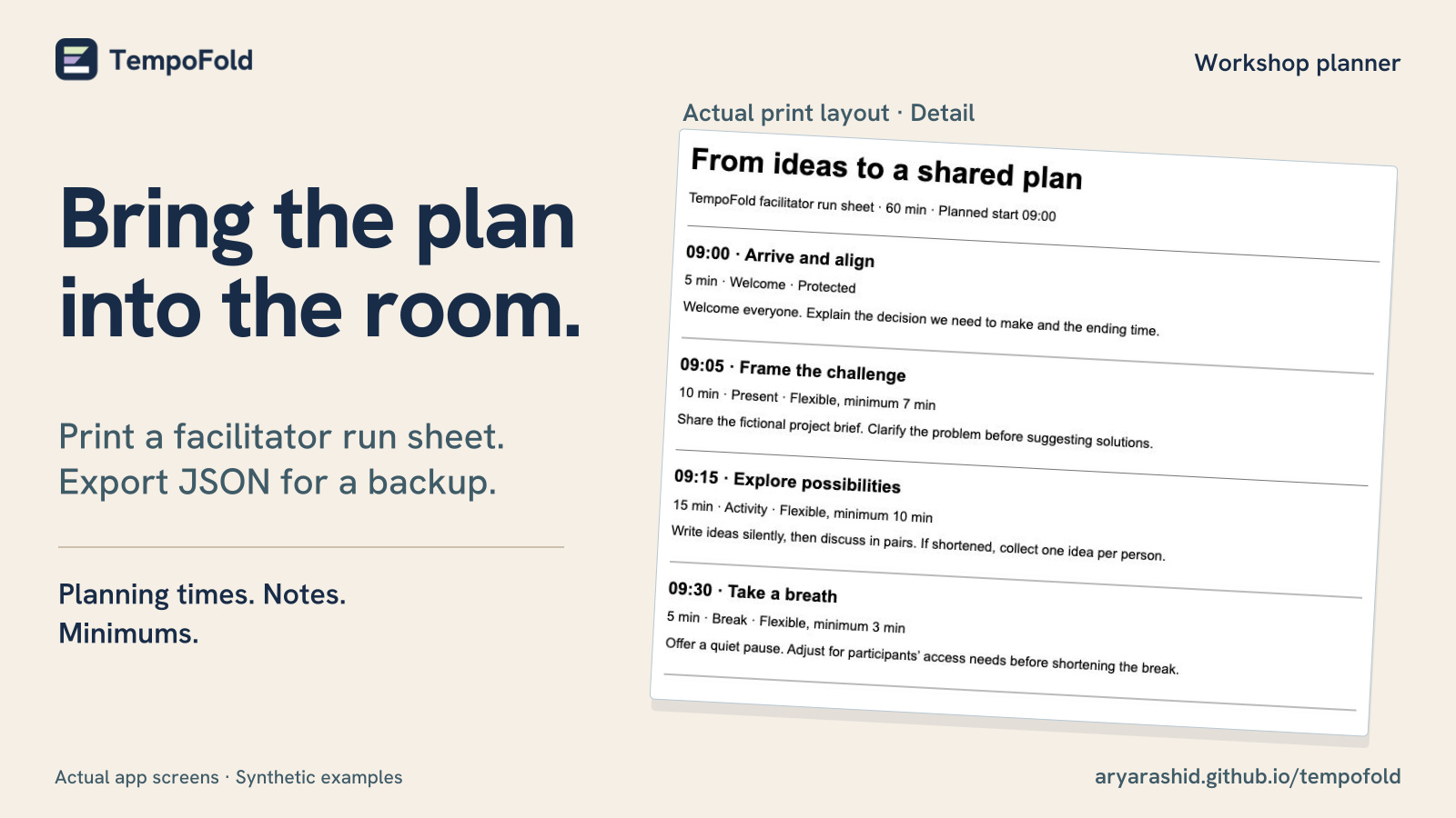 A close view of the actual print layout, including planning times, notes and minimums.